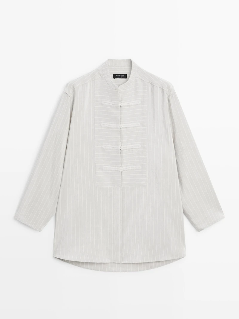 Striped oversize blouse with stand collar