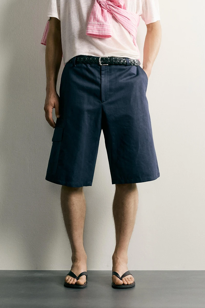 COTTON-LINEN RELAXED FIT CARGO SHORTS
