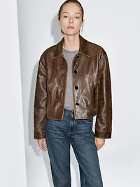 Distressed effect nappa leather cropped jacket