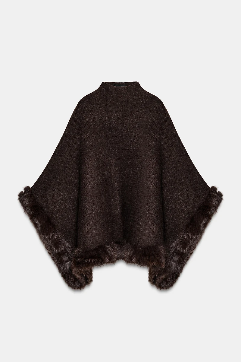 FAUX FUR KNIT CAPE PONCHO