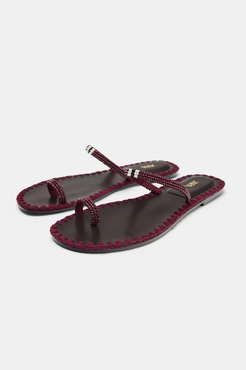 BEADED TOPSTITCHED SANDALS