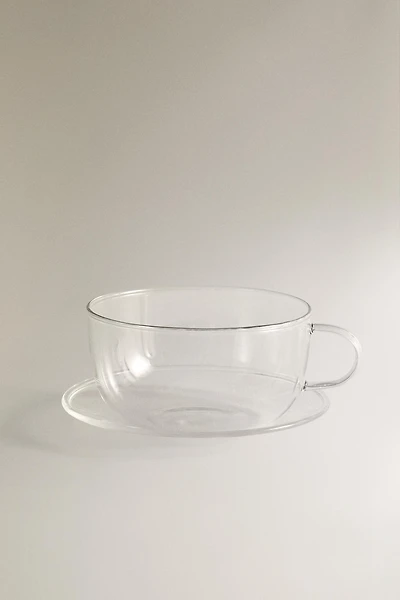 BOROSILICATE GLASS COFFEE CUP AND SAUCER WITH SILVER RIM