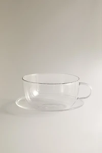 BOROSILICATE GLASS COFFEE CUP AND SAUCER WITH SILVER RIM