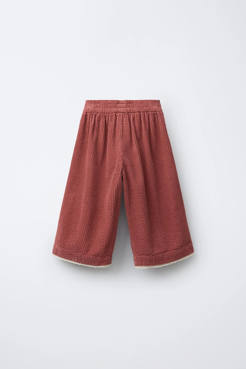 CORDUROY PANTS WITH CONTRASTING LACE TRIM