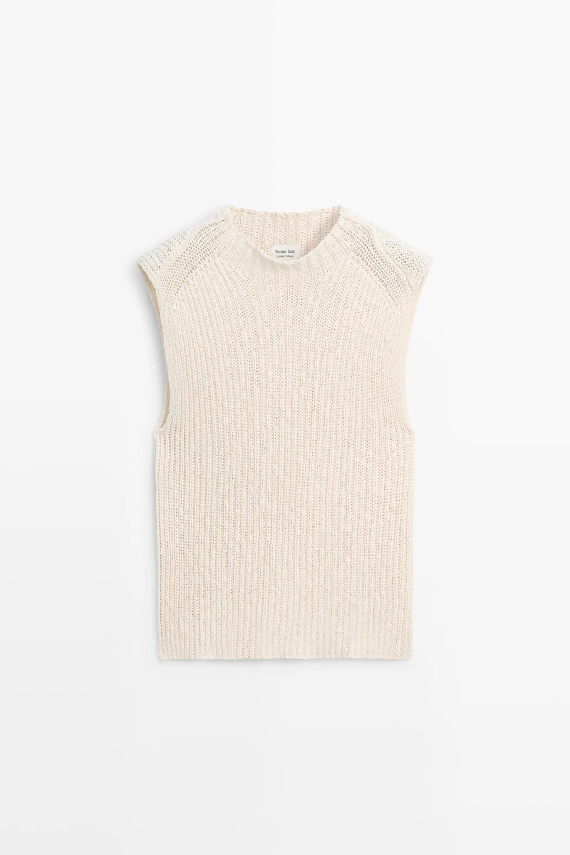 Linen blend openwork mock turtleneck top - LIMITED EDITION