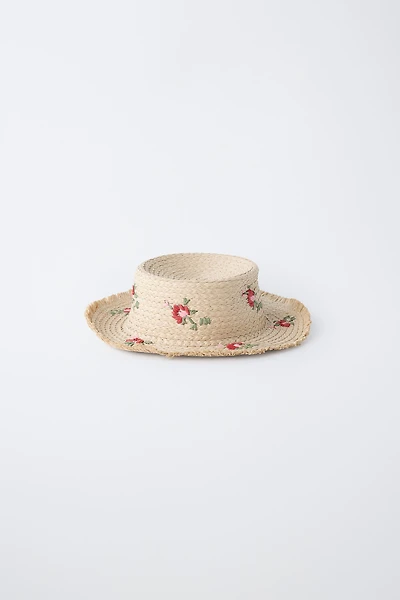STRAW HAT WITH EMBROIDERED FLOWERS