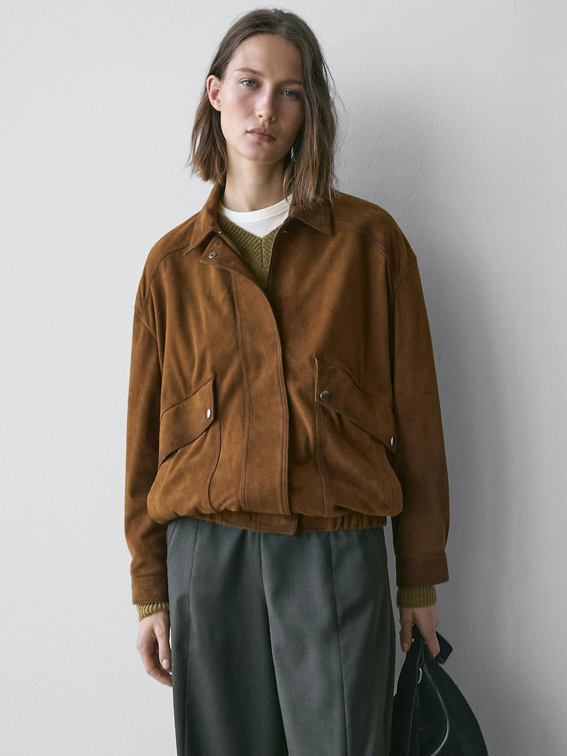 Suede leather bomber jacket with pockets