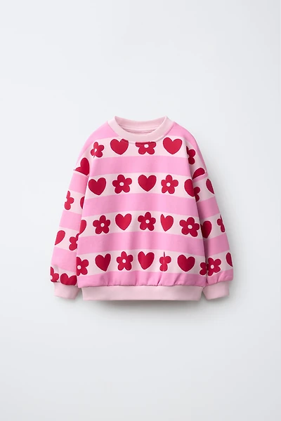 STRIPED AND HEART PRINT SWEATSHIRT