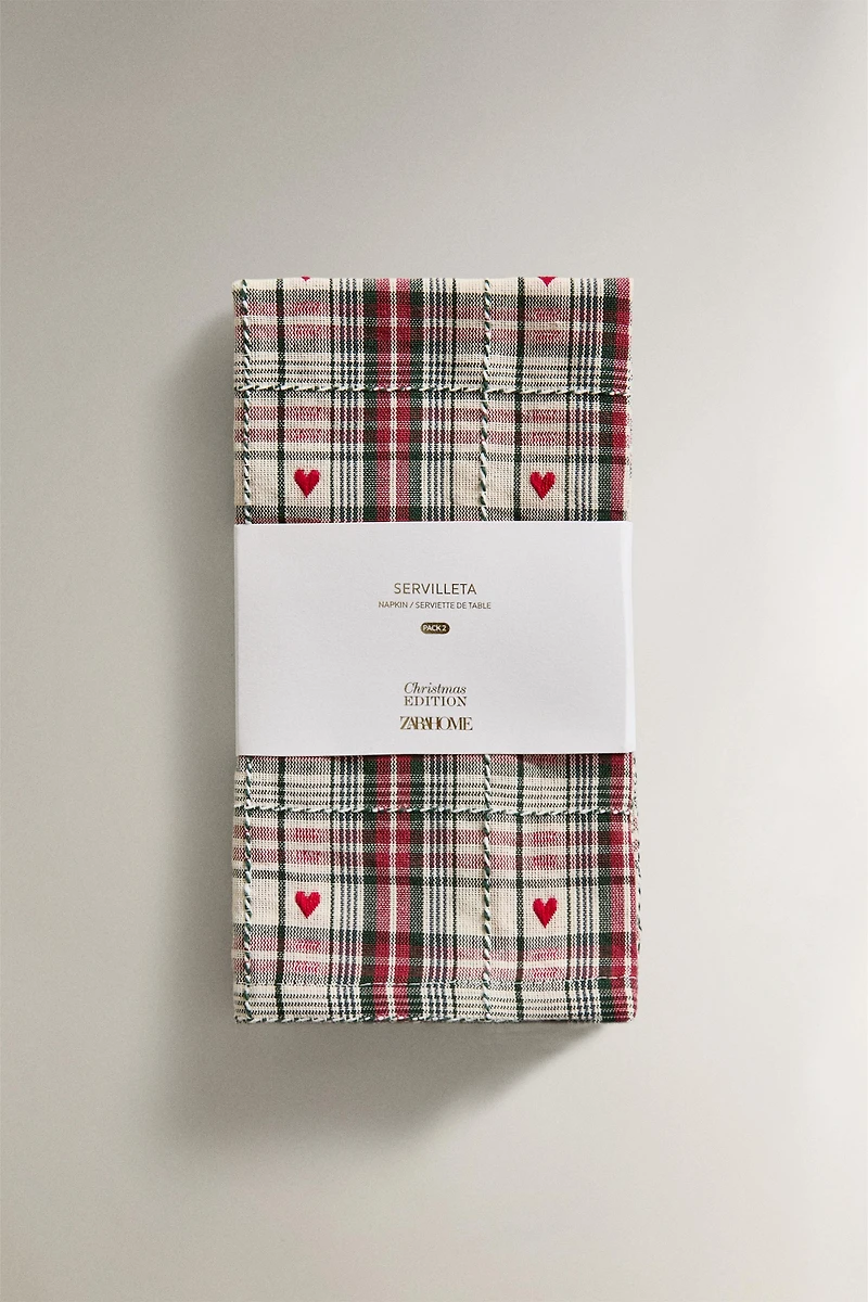 LOT DE SERVIETTES FIL TEINTÉ CŒUR NOËL (LOT DE 2)