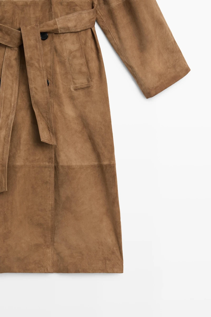 Long suede leather trench coat