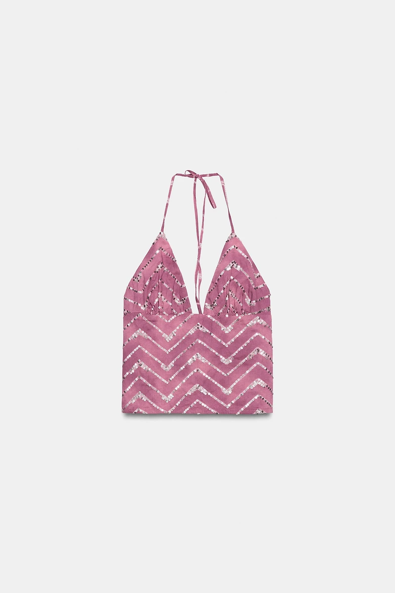SEQUIN PRINT HALTER TOP
