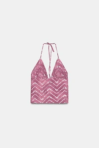 SEQUIN PRINT HALTER TOP
