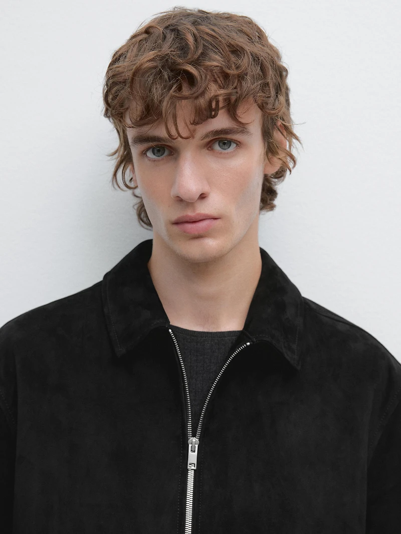 Suede leather zip-up jacket