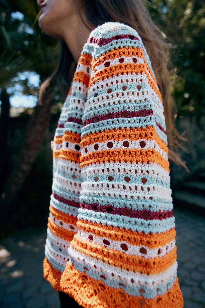 STRIPED POINTELLE CARDIGAN