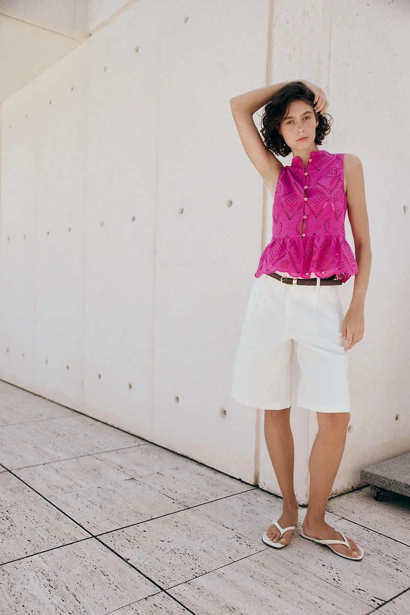EMBROIDERED EYELET PEPLUM TOP
