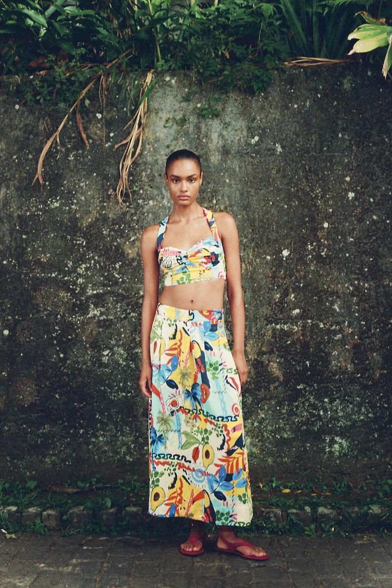 JUPE MIDI CAPE À IMPRIMÉ TROPICAL