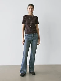 Striped short sleeve boat neck T-shirt