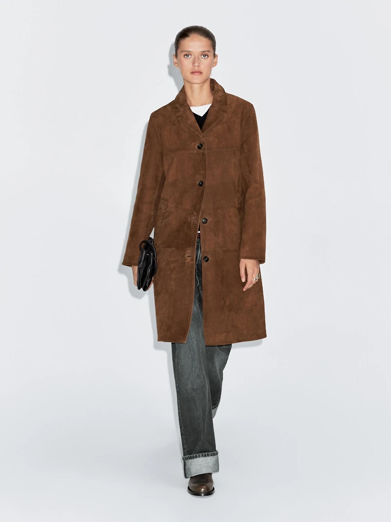 Manteau long en cuir finition daim