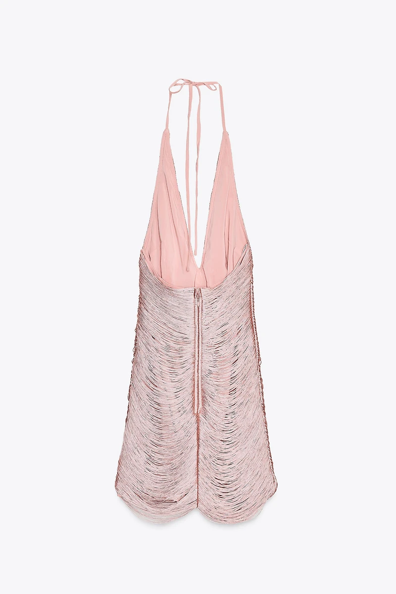 FRINGED HALTER MINI DRESS