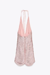 FRINGED HALTER MINI DRESS