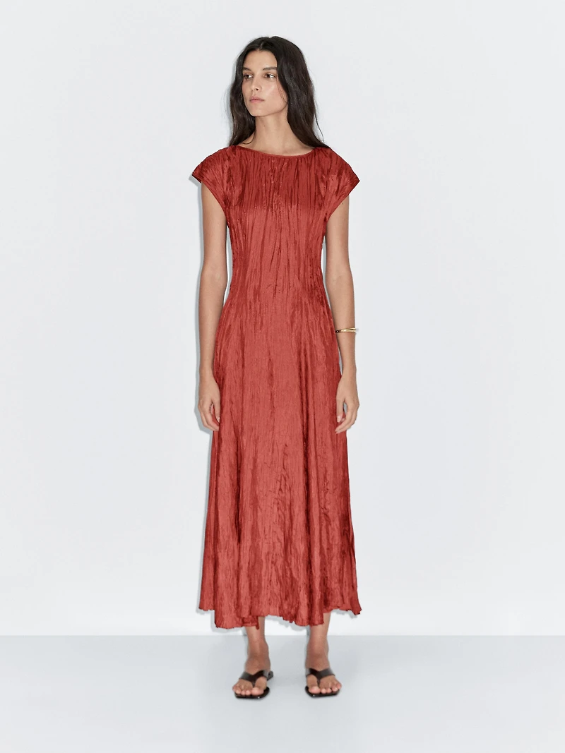Long pleated satin dress