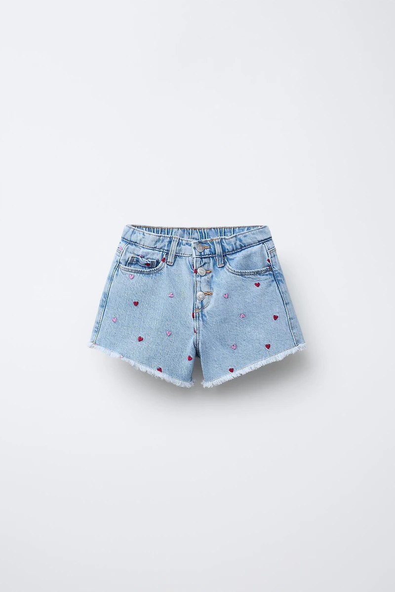 HIGH WAIST DENIM SHORTS WITH EMBROIDERED HEARTS