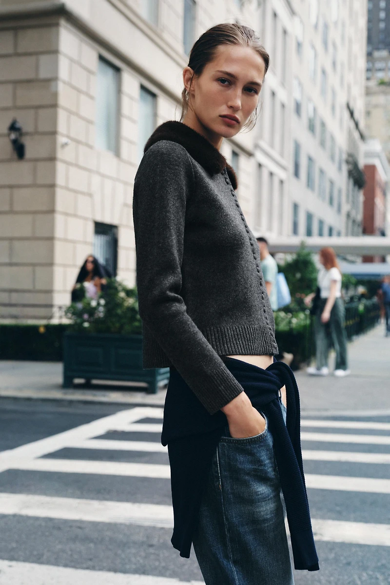 VESTE EN MAILLE À REVERS EFFET FOURRURE