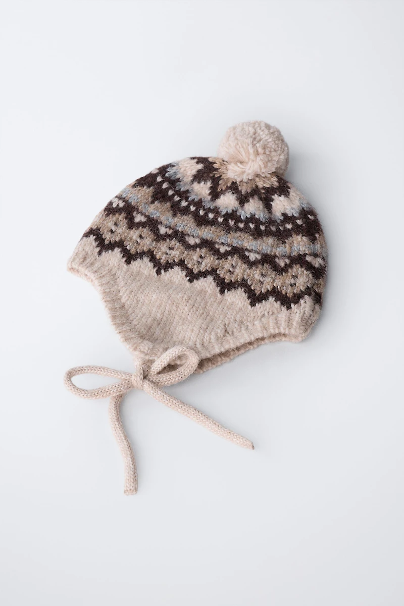 JACQUARD KNIT BONNET WITH POMPOM