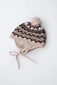 JACQUARD KNIT BONNET WITH POMPOM