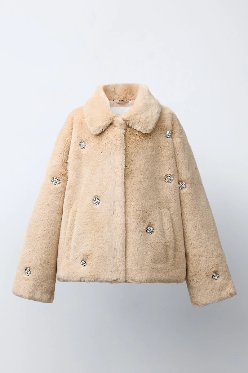 JEWELED FAUX FUR SHORT COAT
