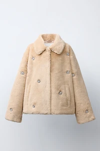 JEWELED FAUX FUR SHORT COAT