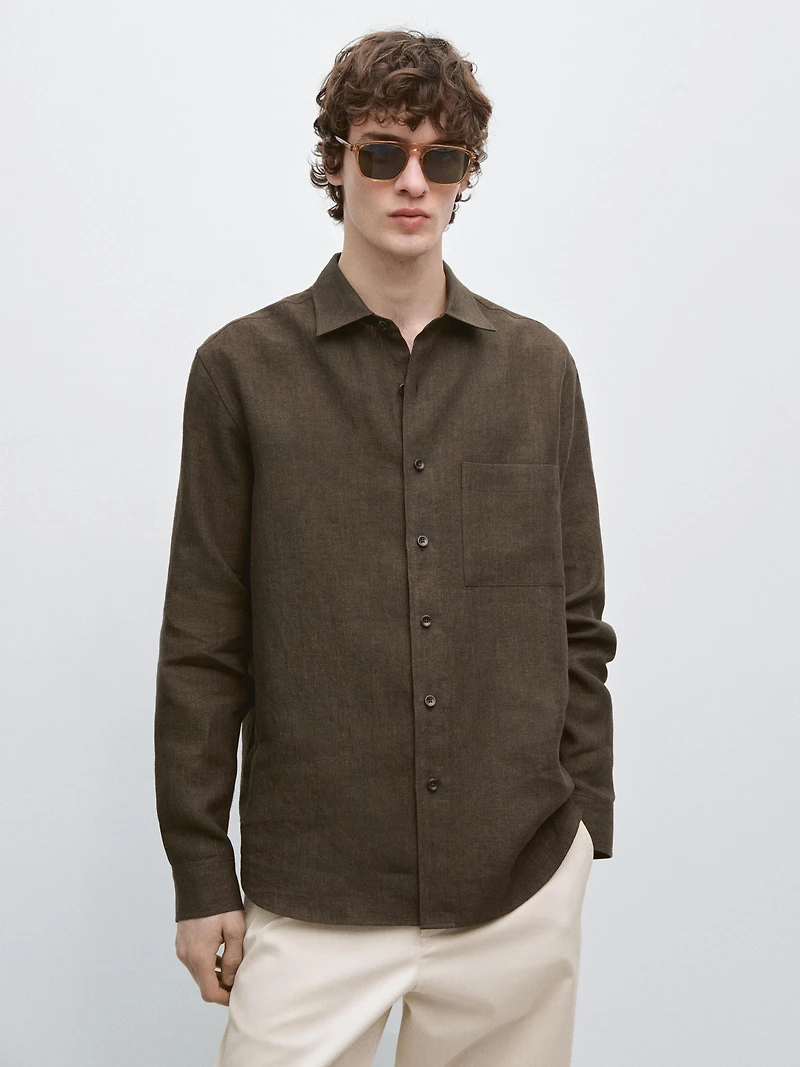 Regular fit faded linen shirt with pocket detail