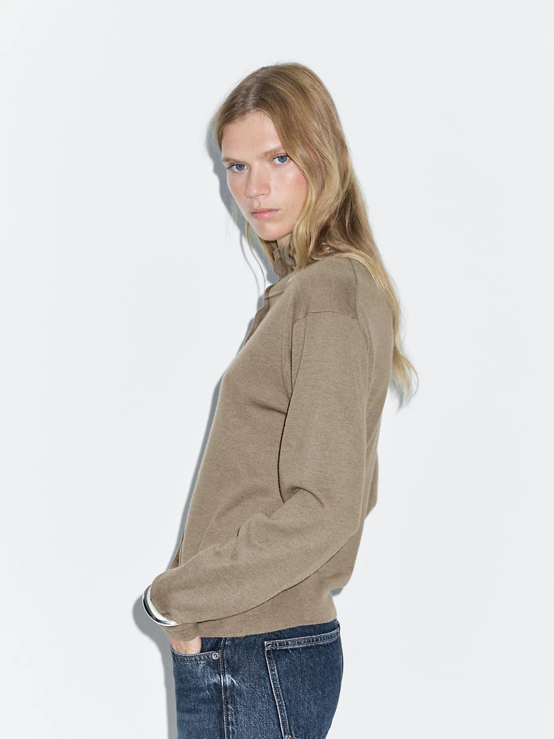 Knit cardigan with mock turtleneck