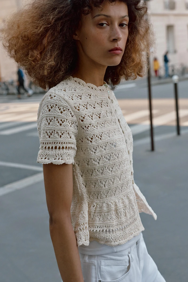 SHORT SLEEVE POINTELLE CARDIGAN