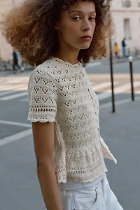 SHORT SLEEVE POINTELLE CARDIGAN