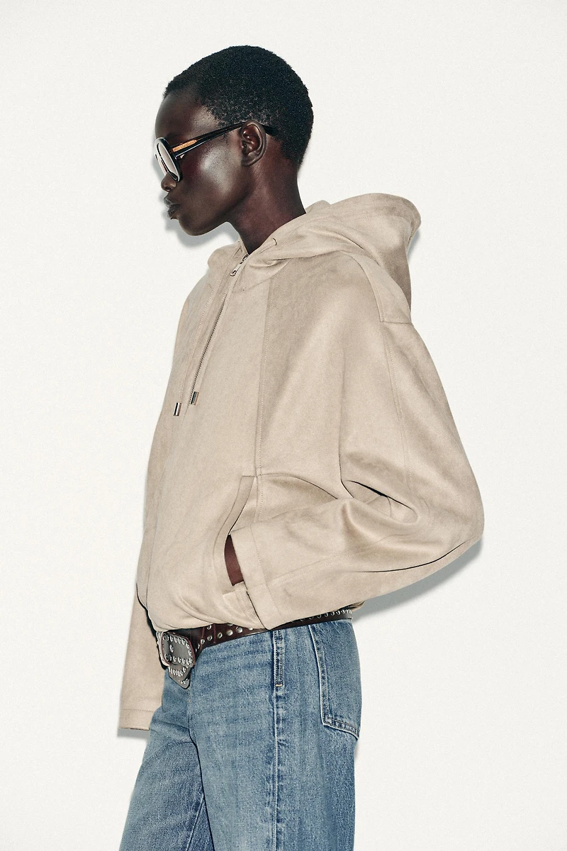 FAUX SUEDE HOODED BOMBER JACKET