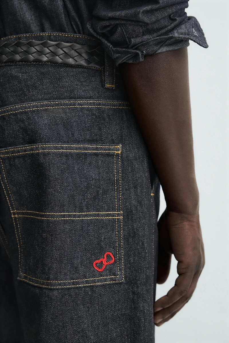 EMBROIDERED HEART DENIM CHINO PANTS
