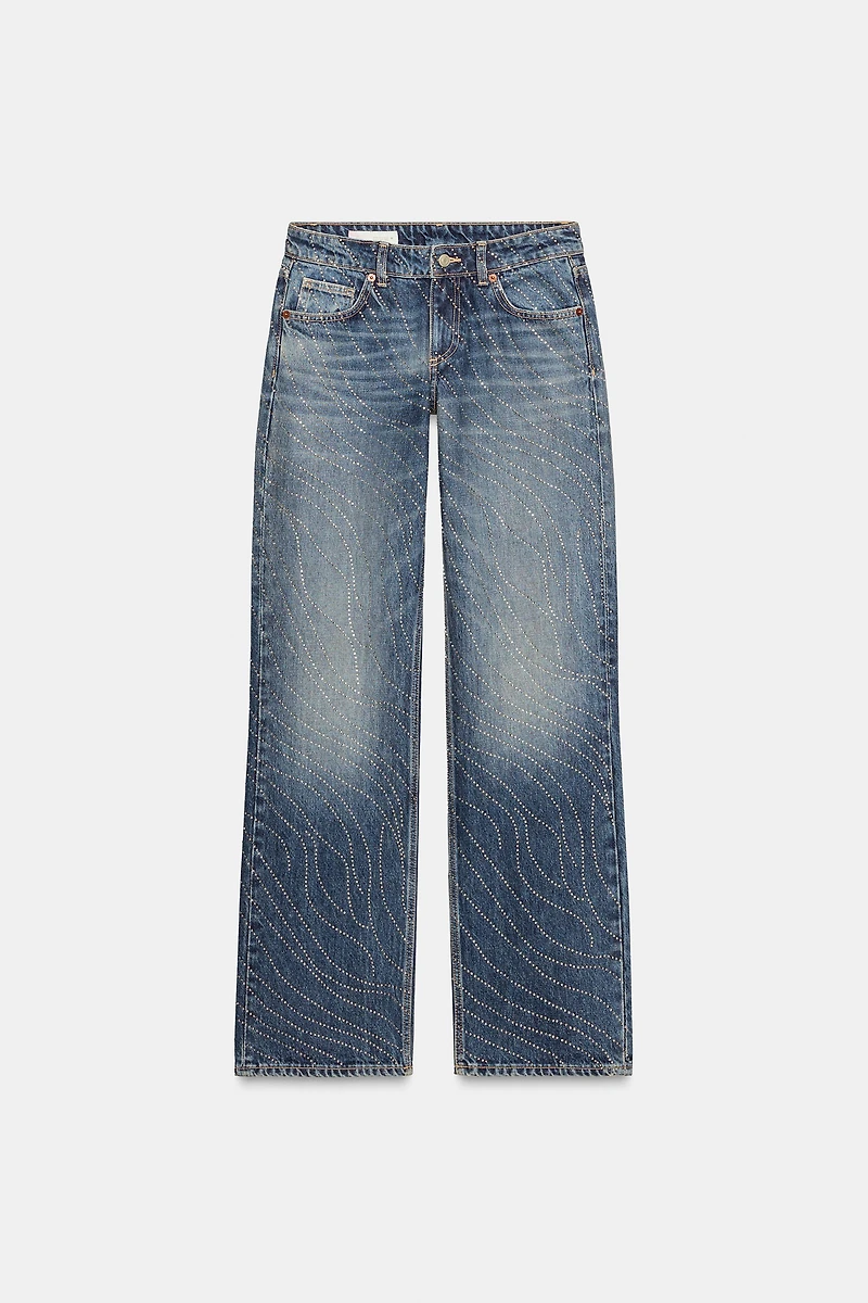 TRF LOW RISE WIDE LEG RHINESTONE JEANS