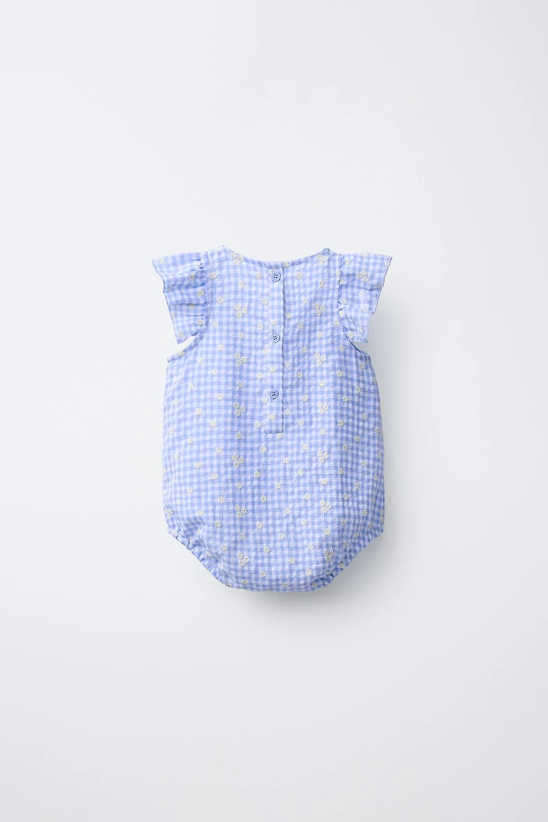 EMBROIDERED DAISY GINGHAM ROMPER