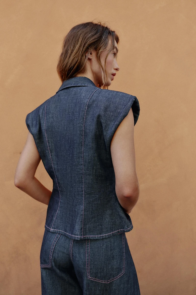 LINEN BLEND PEPLUM SHIRT WITH SHOULDER PADS