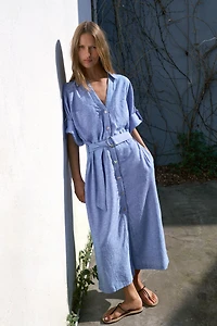 BELTED LINEN BLEND MIDI DRESS