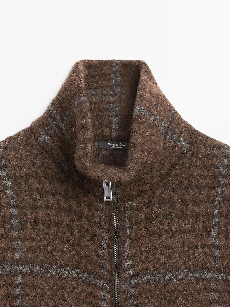 Check knit alpaca and felt texture cardigan