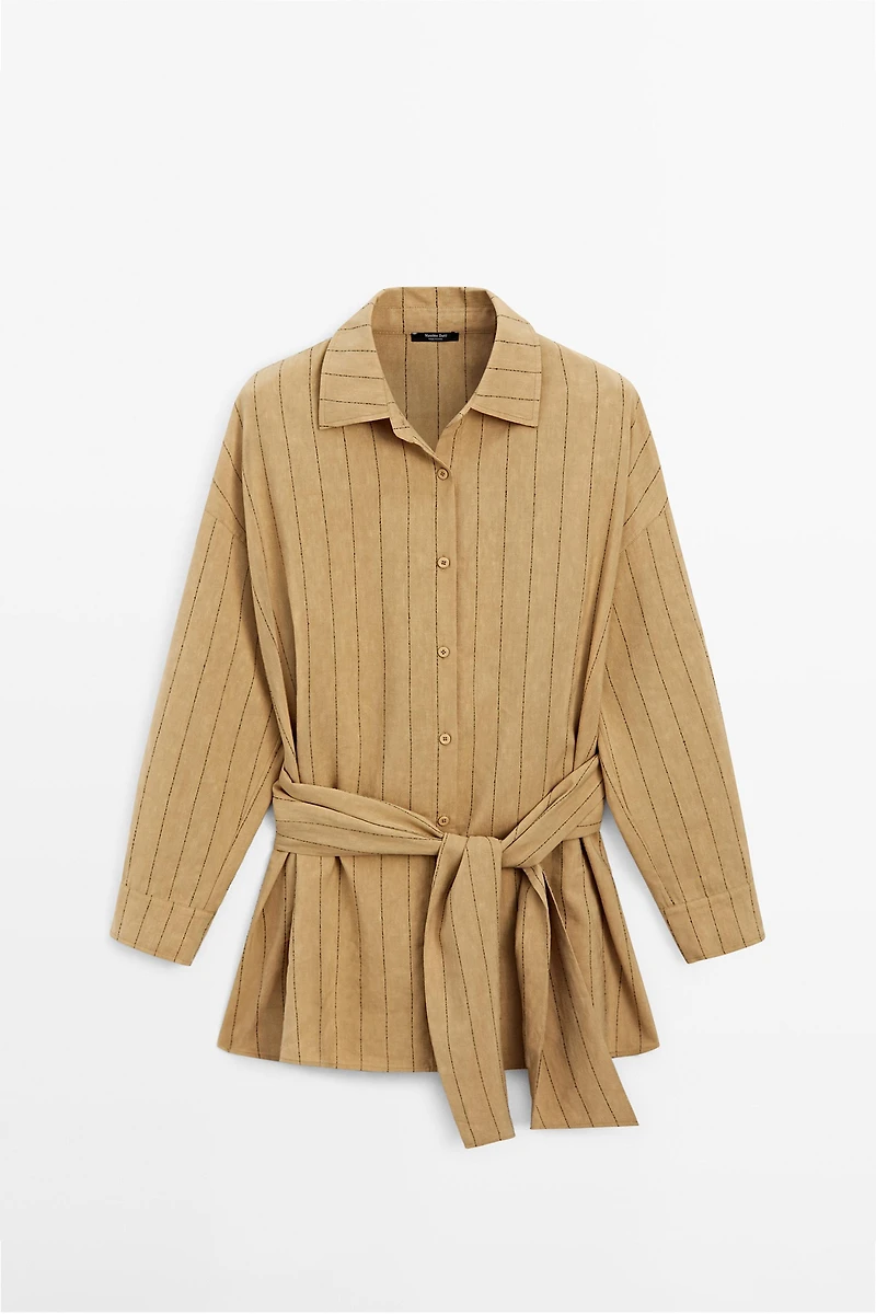 Striped flowing shirt with corset belt detail