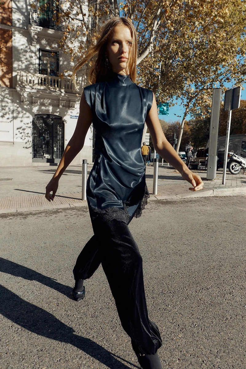 COMBINATION SATIN EFFECT LACE MINI DRESS