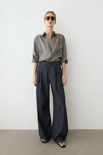 Cotton blend pleated semi-jogger pants