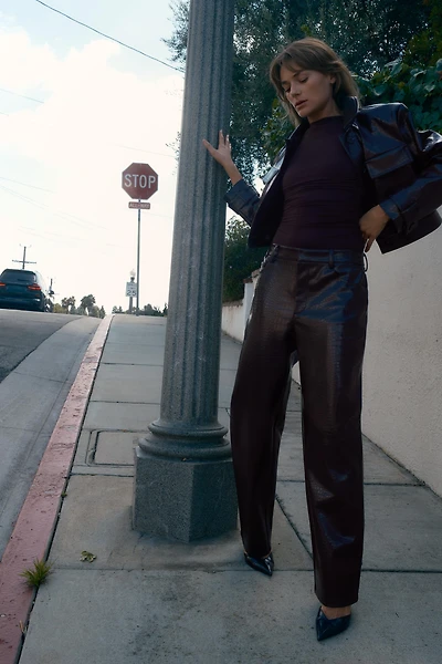 STRAIGHT-LEG FAUX LEATHER ANIMAL EMBOSSED PANTS