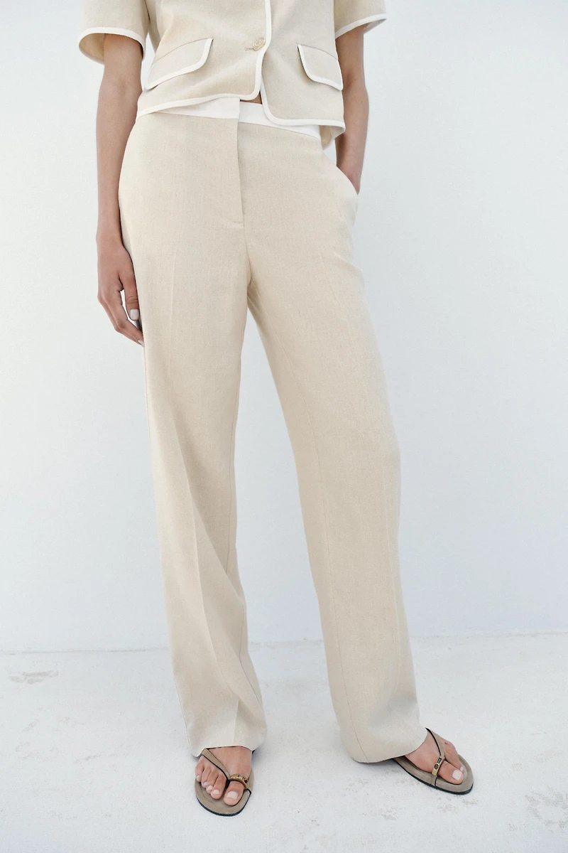 STRAIGHT LEG LINEN PANTS WITH CONTRAST WAIST