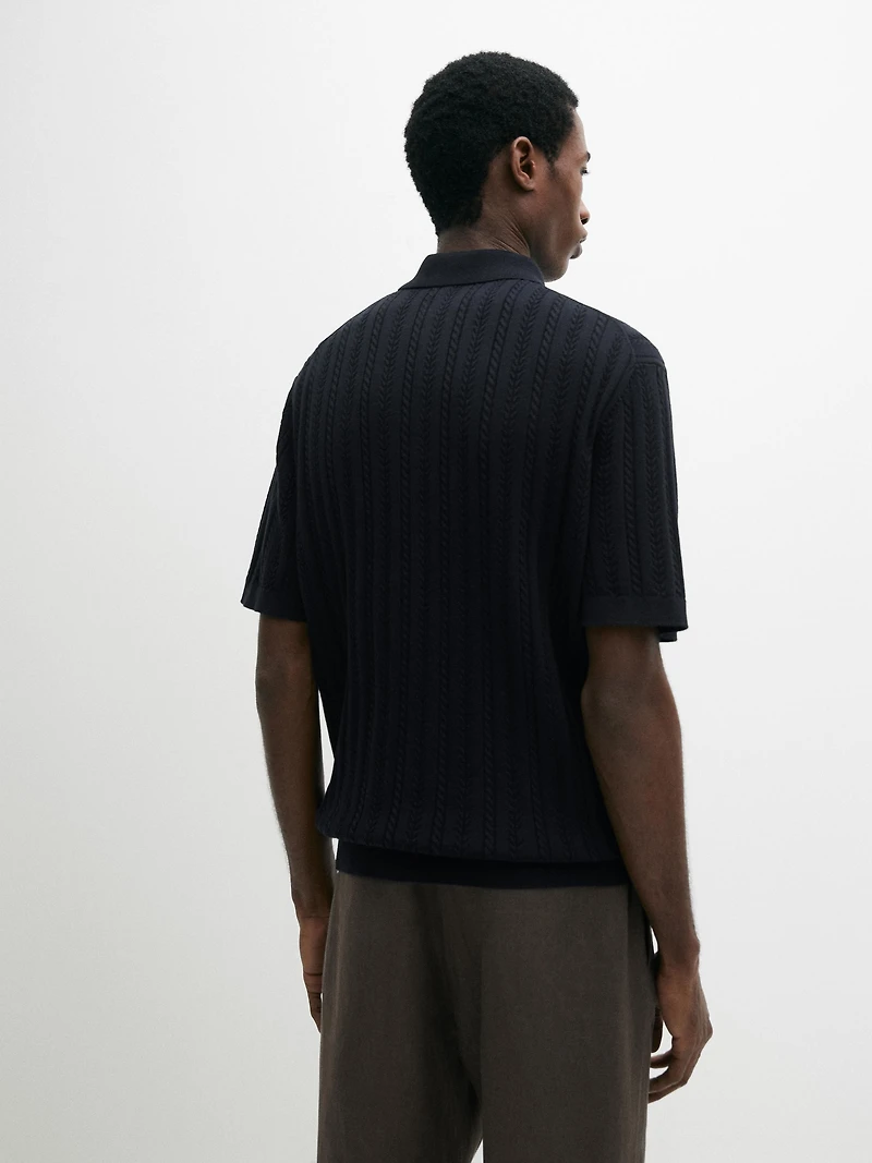 Pull polo en maille tressée de coton mélangé