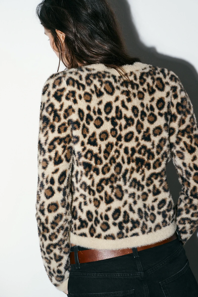 FAUX FUR ANIMAL PRINT KNIT JUMPER