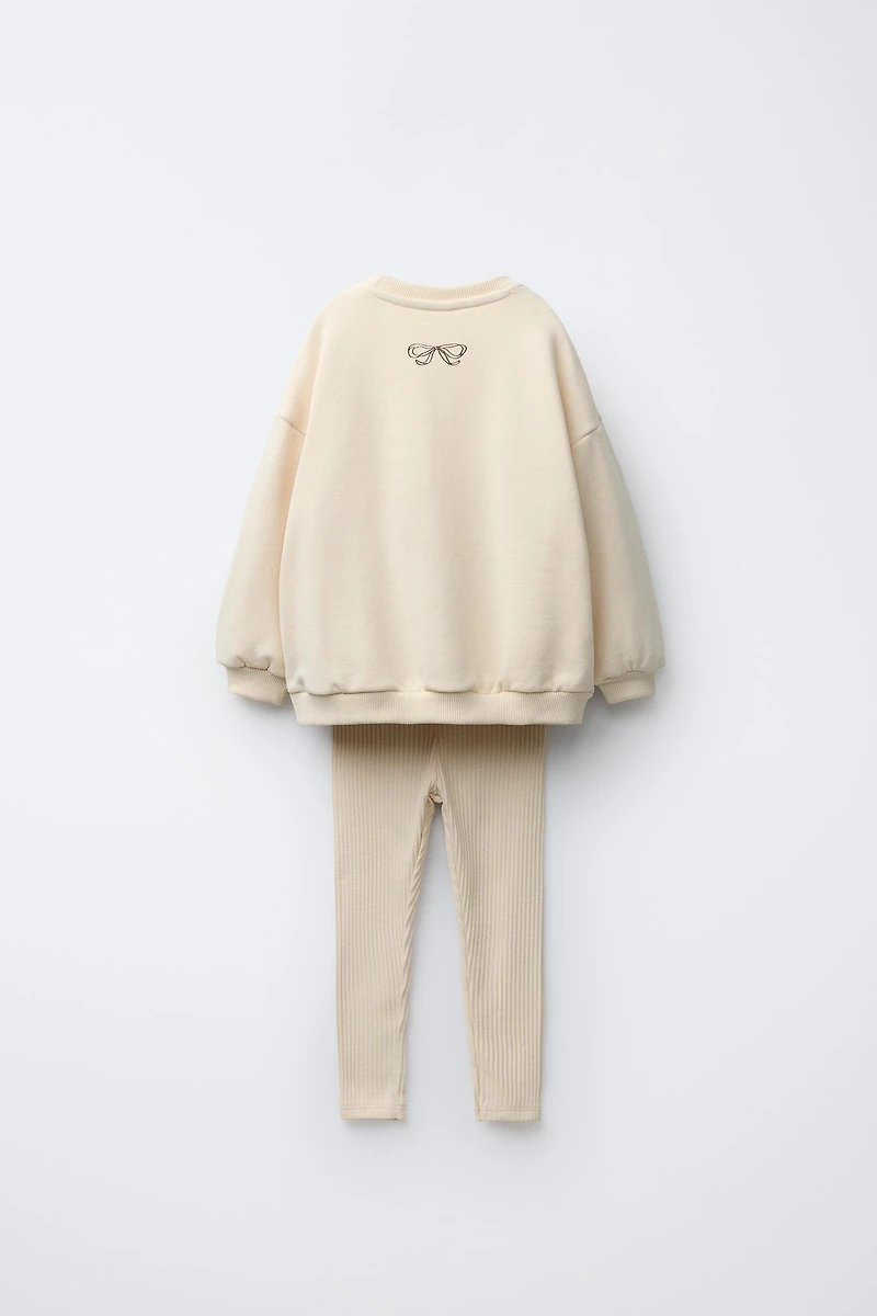 RIBBED LEGGING AND BOW SWEATSHIRT JOGGING SET